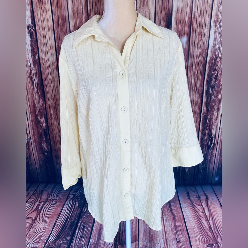 Women’s Size 20W Blouse TanJay Yellow Button Down 3/4 Sleeves V Neck Textured